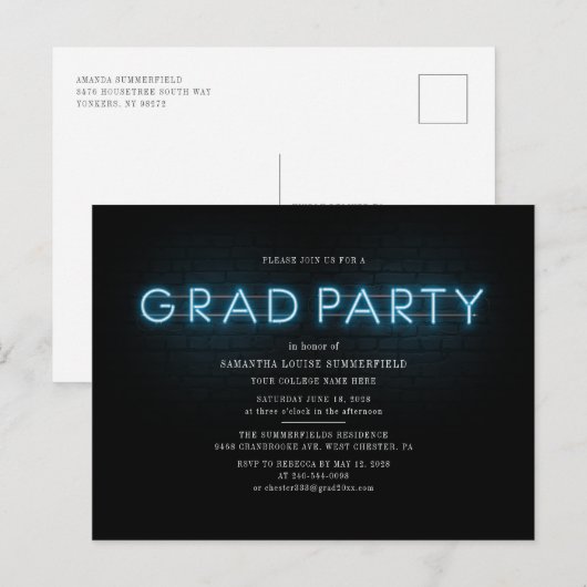 Invitation Carte Postale Graduation 2025 Blue Neon Grad Party (Devant / Derrière)