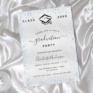 Invitation Carte Postale Graduation argent bleu clair