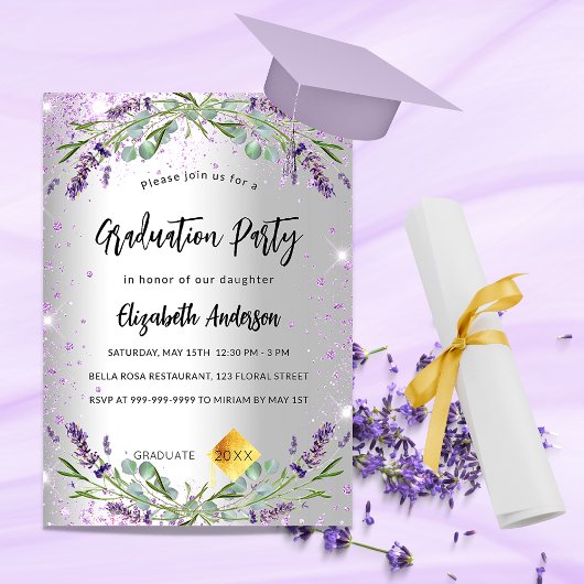 Invitation Carte Postale Graduation argent lavande eucalyptus floral