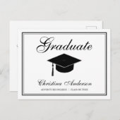 Invitation Carte Postale Graduation Black Grad Casquette & Script sur White (Devant / Derrière)