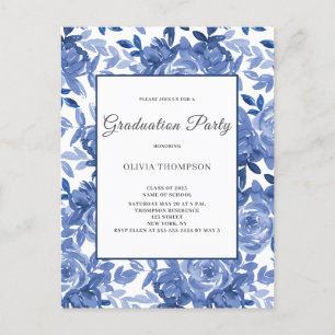 Invitation Carte Postale Graduation Blue Floral Party