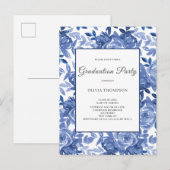 Invitation Carte Postale Graduation Blue Floral Party (Devant / Derrière)