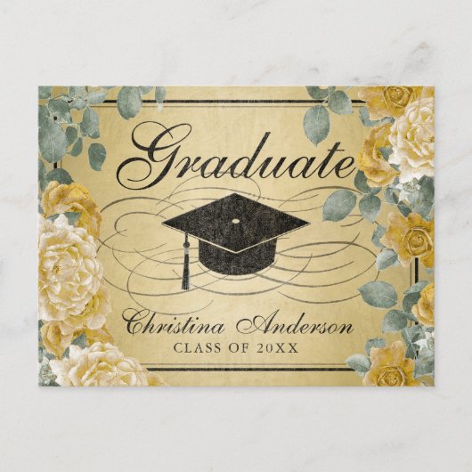 Invitation Carte Postale Graduation Casquette d'or Roses Floral  (Devant)