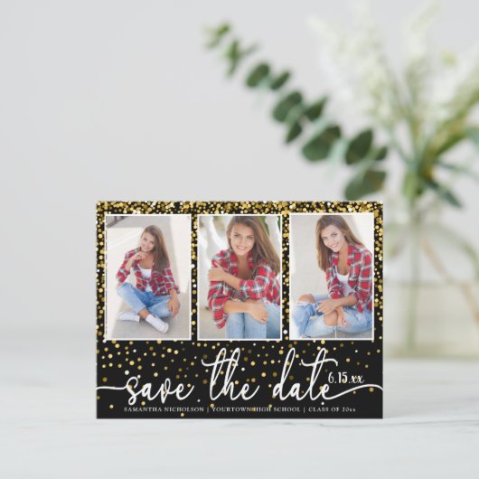 Invitation Carte Postale Graduation Enregistrer Date 4 Photo Parties scinti (Debout devant)