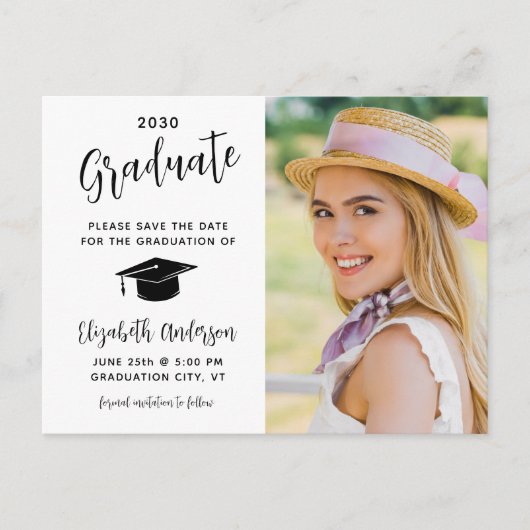 Invitation Carte Postale Graduation Enregistrer La Date Élégante Script Pho (Devant)