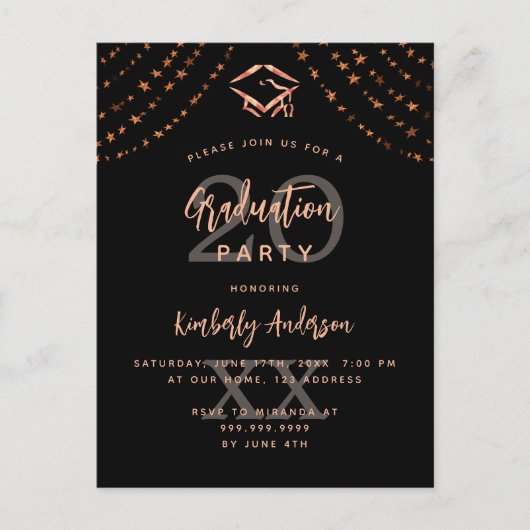 Invitation Carte Postale Graduation fête noir rose or étoiles année (Devant)