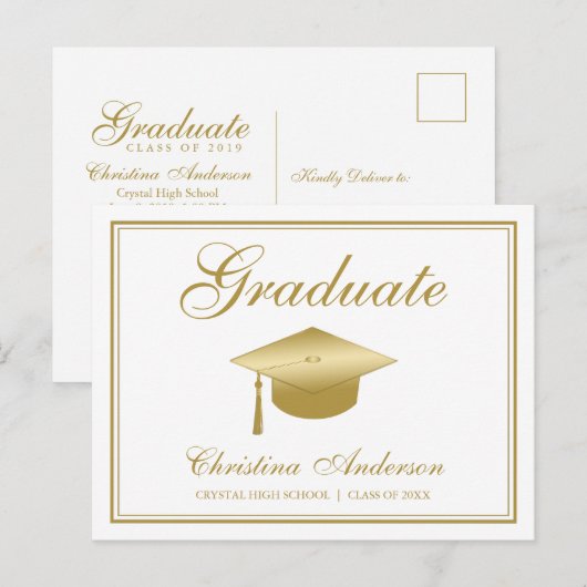 Invitation Carte Postale Graduation Gold Casquette & Script sur White Party (Devant / Derrière)