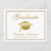 Invitation Carte Postale Graduation Gold Casquette & Script sur White Party (Devant)