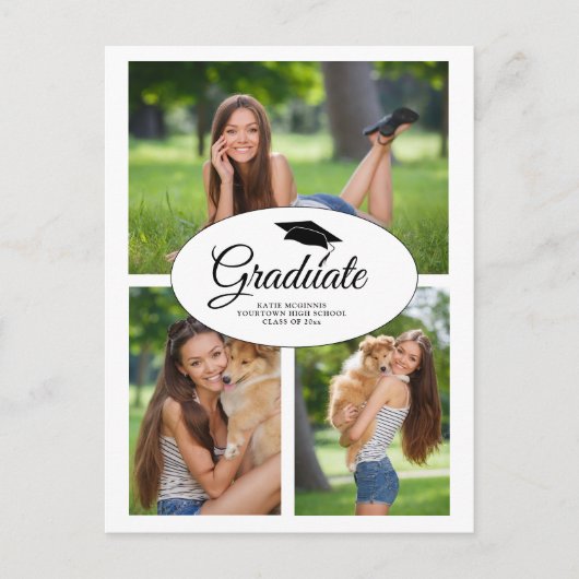 Invitation Carte Postale Graduation moderne blanche 3 Collage photo (Devant)