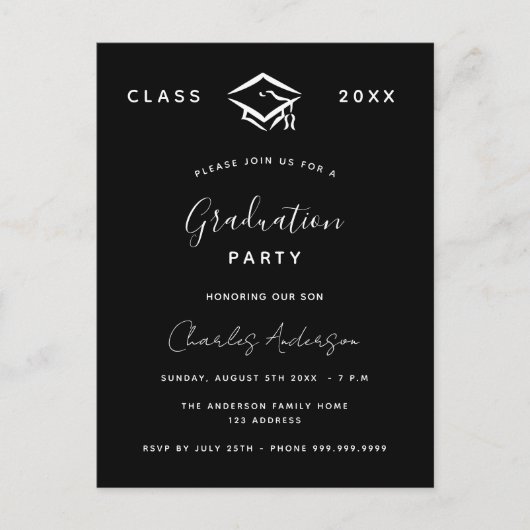 Invitation Carte Postale Graduation noir blanc simple 2024 (Devant)
