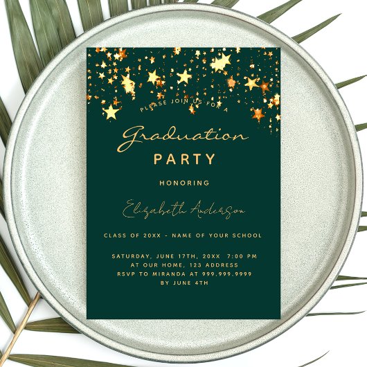 Invitation Carte Postale Graduation party émeraude or vert étoiles 2025