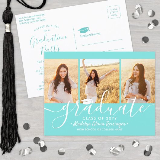 Invitation Carte Postale Graduation Party Modern Script Teal Blue 3 Photo