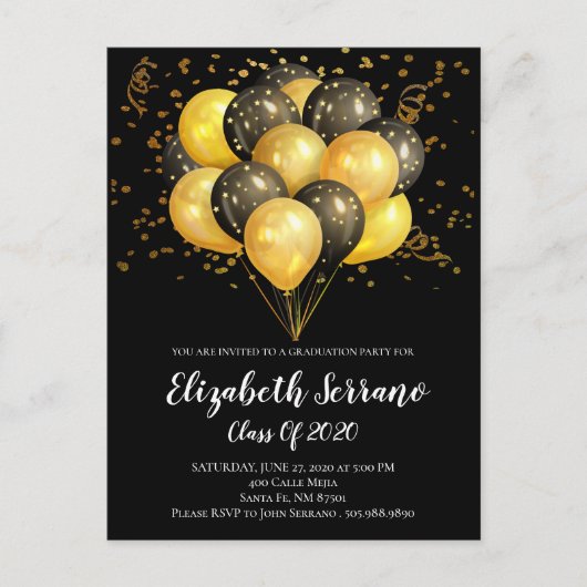 Invitation Carte Postale Graduation Party Moderne Gold et Black Ballons (Devant)