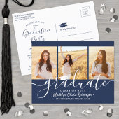 Invitation Carte Postale Graduation Party Moderne Marine Bleu & Blanc 3 Pho