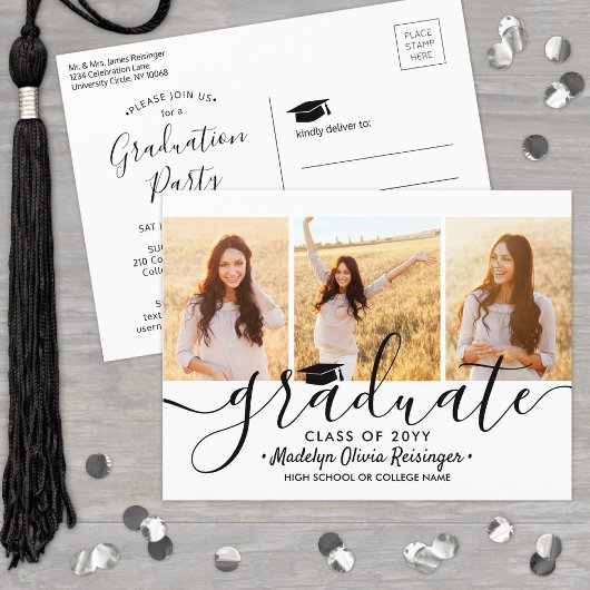 Invitation Carte Postale Graduation Party moderne noir et blanc 3 photo
