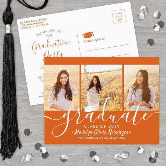Invitation Carte Postale Graduation Party Moderne Orange et Blanc 3 Photo