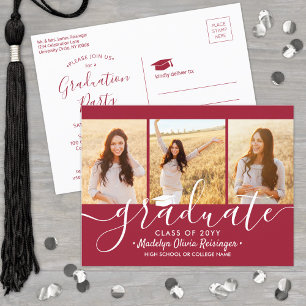 Invitation Carte Postale Graduation Party moderne rouge et blanc 3 photo