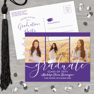 Invitation Carte Postale Graduation Party Moderne violet et blanc 3 Photo