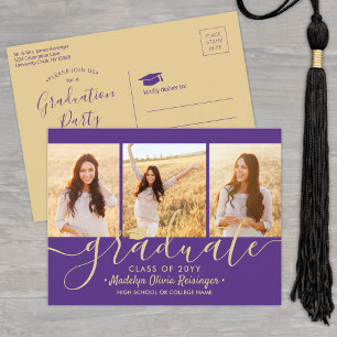 Invitation Carte Postale Graduation Party Moderne violet et or 3 Photo