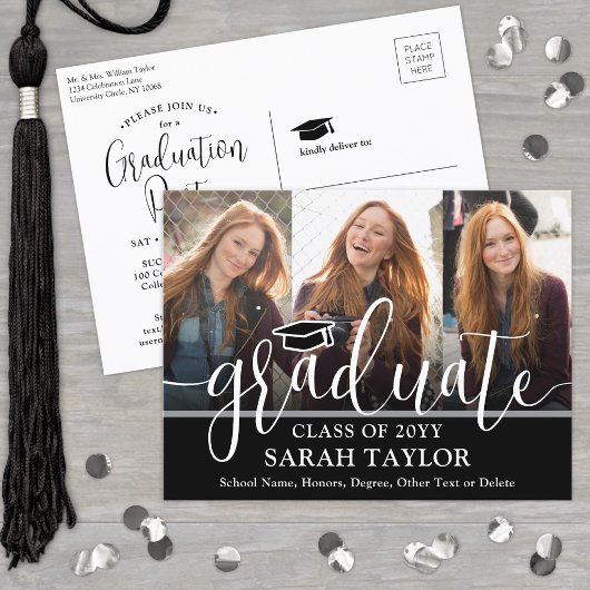 Invitation Carte Postale Graduation Party noir et blanc Script 3 Photo