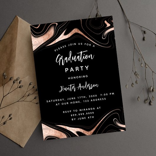 Invitation Carte Postale Graduation party noir rose or moderne