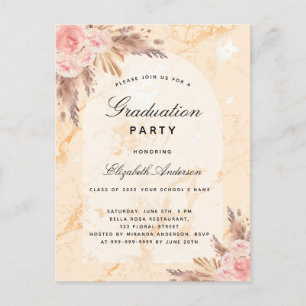 Invitation Carte Postale Graduation party pampas herbe marbre blush 2022