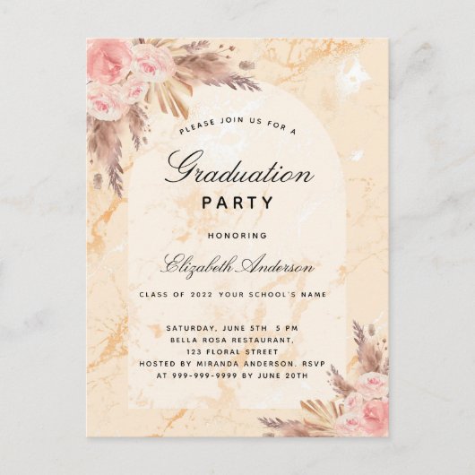 Invitation Carte Postale Graduation party pampas herbe marbre blush 2022 (Devant)