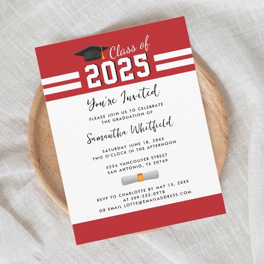 Invitation Carte Postale Graduation Red White Script Grad Party