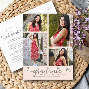 Invitation Carte Postale Graduation rose pâle 4 Photo Moderne Coeurs Script