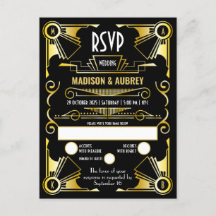 Invitation Carte Postale Grand Gatsby Art Déco Mariage or & noir RSVP