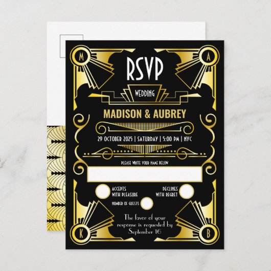 Invitation Carte Postale Grand Gatsby Art Déco Mariage or & noir RSVP (Devant / Derrière)