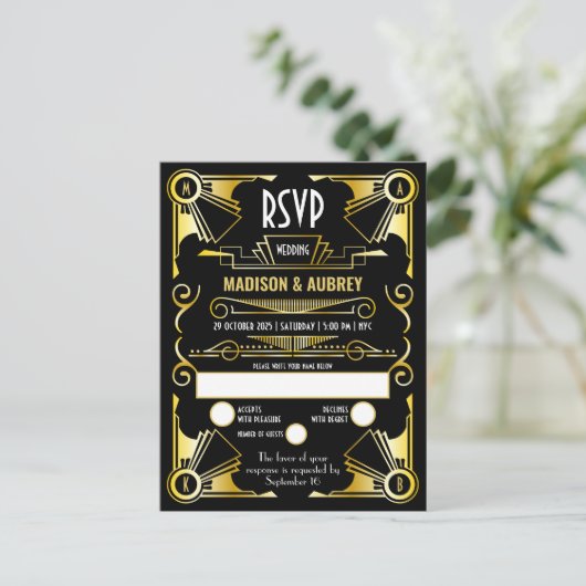 Invitation Carte Postale Grand Gatsby Art Déco Mariage or & noir RSVP (Debout devant)