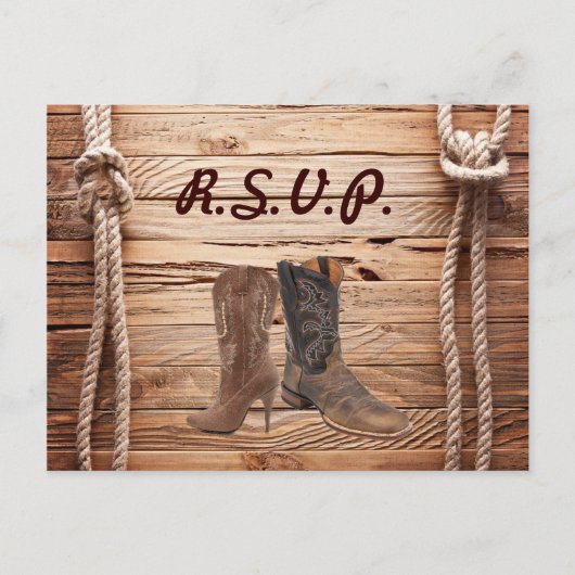 Invitation Carte Postale grange Cowboy Boots Western mariage campagnard rsv (Devant)