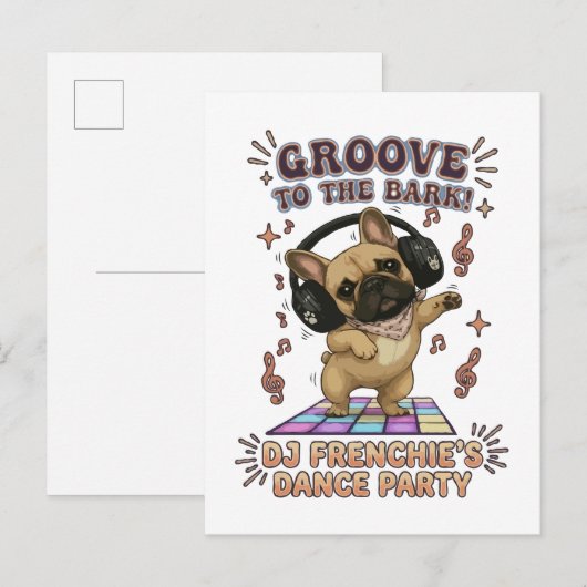 Invitation Carte Postale Graphisme de soirée dansante Retro DJ Frenchie (Devant / Derrière)