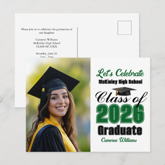 Invitation Carte Postale Green Class of 2026 Photo Graduation Party (Devant / Derrière)