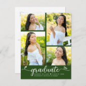 Invitation Carte Postale Green Graduation 4 Photo Moderne Fille Script Coeu (Devant / Derrière)