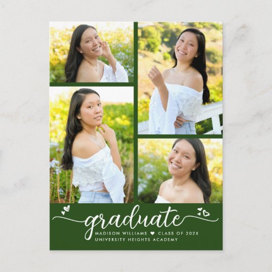 Invitation Carte Postale Green Graduation 4 Photo Moderne Fille Script Coeu (Devant)