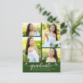 Invitation Carte Postale Green Graduation 4 Photo Moderne Fille Script Coeu (Debout devant)