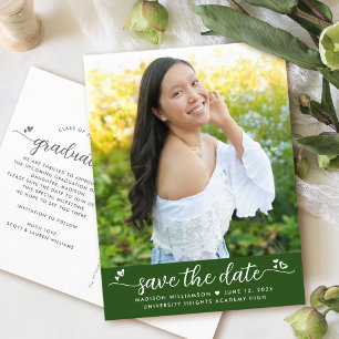 Invitation Carte Postale Green Save the Date Photo Graduation Script Coeurs