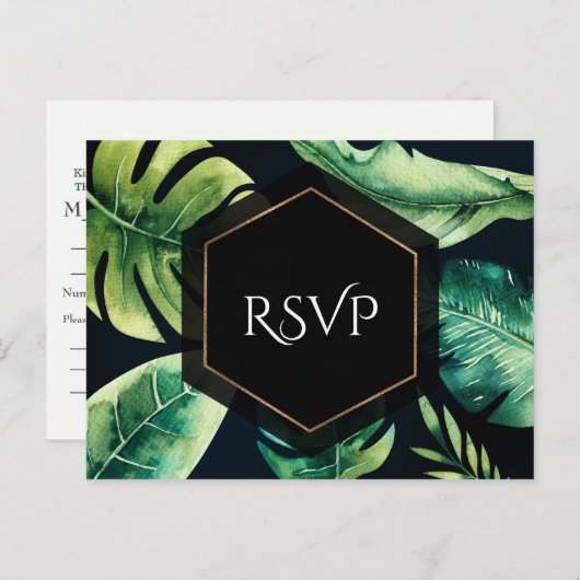 Invitation Carte Postale Green Tropical Feuille Black Mariage élégant RSVP (Devant / Derrière)