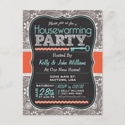Invitation Carte Postale Grey Paisley; Chalkboard House Party (Devant)