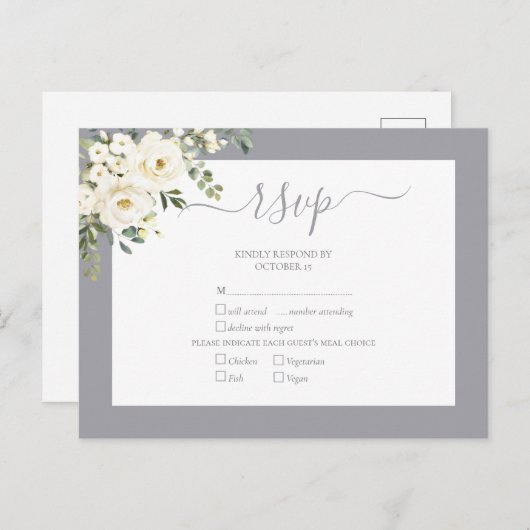 Invitation Carte Postale Gris clair Blanc floral Script Mariage RSVP (Devant / Derrière)