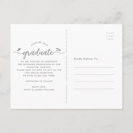 Invitation Carte Postale Gris Enregistrer la date Graduation Photo Script C (Dos)
