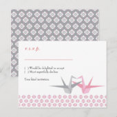 Invitation Carte Postale Grues Origami (Argent Rose) RSVP (Devant / Derrière)