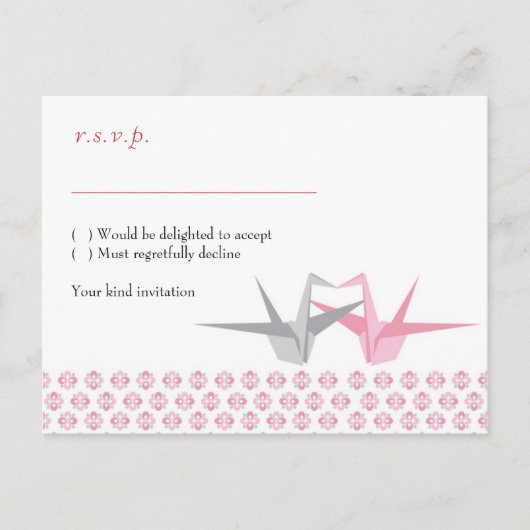 Invitation Carte Postale Grues Origami (Argent Rose) RSVP (Devant)