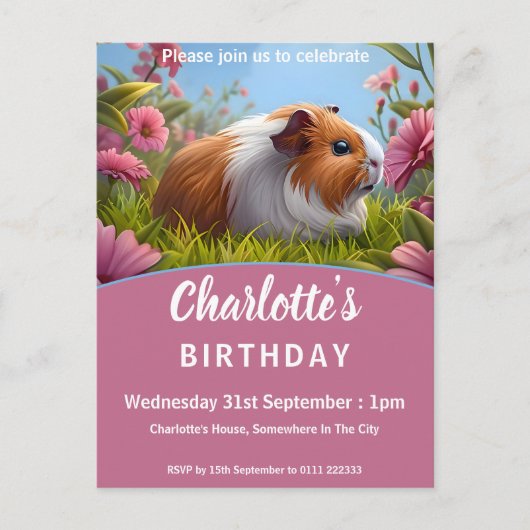 Invitation Carte Postale Guinée Cochon & Fleurs roses fête d'anniversaire (Devant)