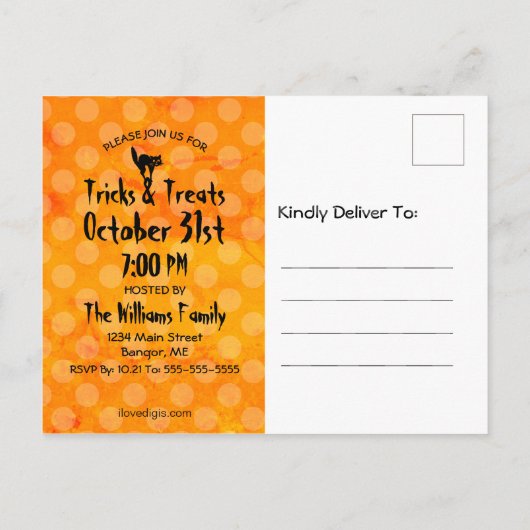 Invitation Carte Postale Halloween Chat Noir Citrouilles Orange Party (Dos)