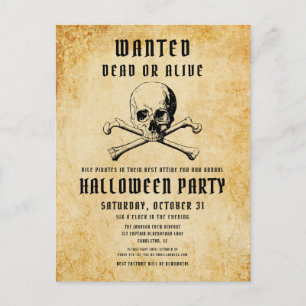 Invitation Carte Postale Halloween Crâne de Pirate Vintage et Os