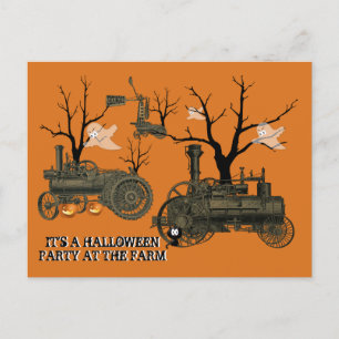 INVITATION CARTE POSTALE HALLOWEEN PARTY @ FARM STEAM ENGINE WINDMILL GHOST