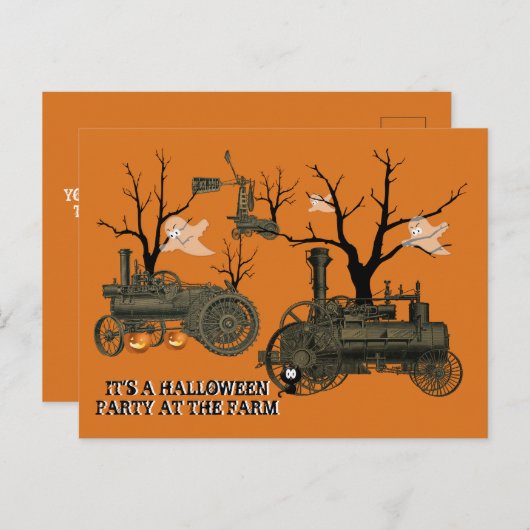 INVITATION CARTE POSTALE HALLOWEEN PARTY @ FARM STEAM ENGINE WINDMILL GHOST (Devant / Derrière)